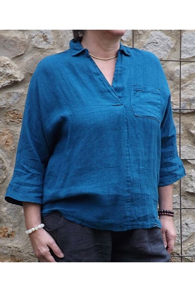 Liquette lin bleu canard Maelis et pantalon en lin Gabriel