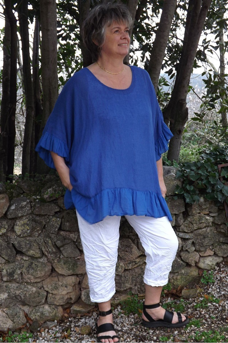 Tunique maille de lin grande taille bleu roi Lucine et pantalon Tim