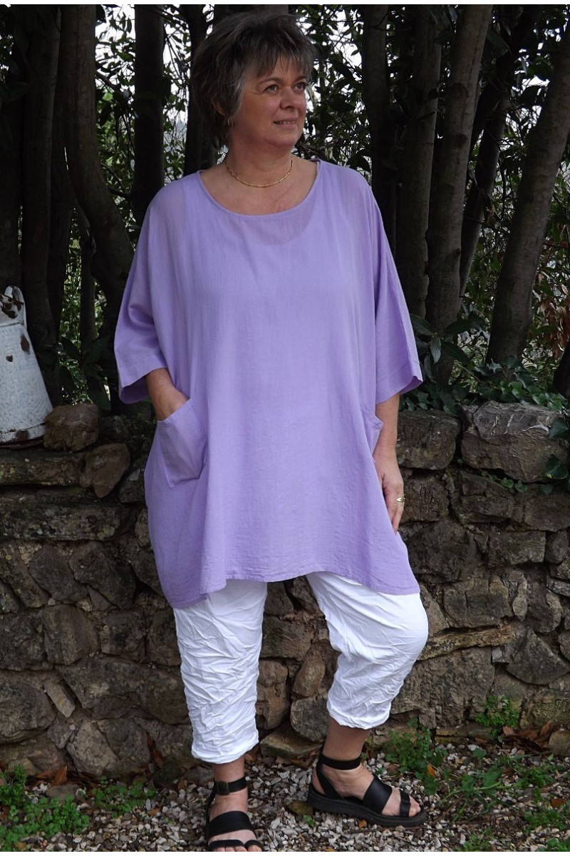 Tunique coton grande taille Elena lilas et pantalon Tim