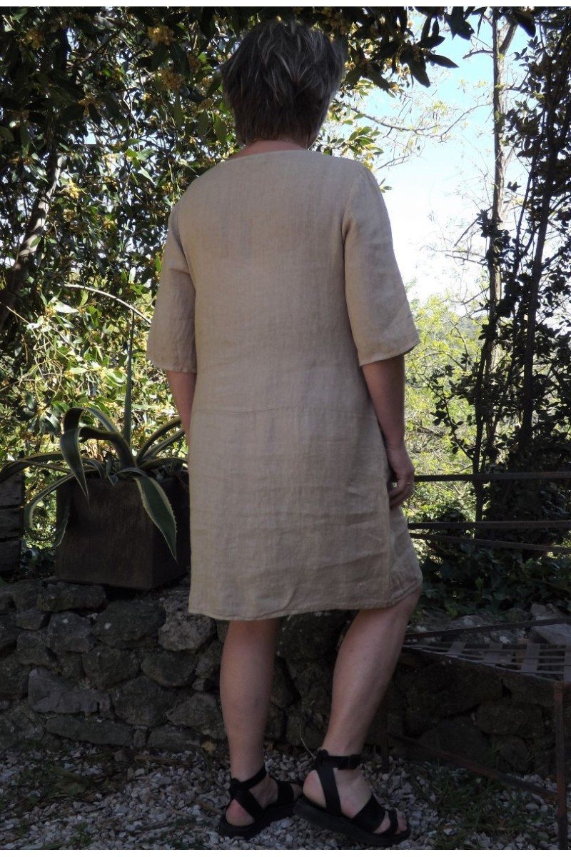 Robe Lin Femme 3/4 Manches Eté Col V Couleur Unie Coton Lin Léger Midi Chic Décontractée