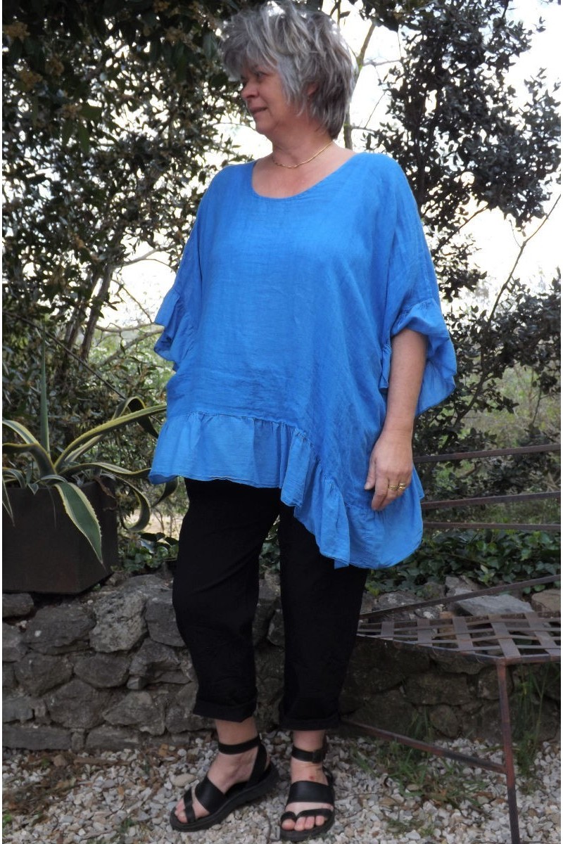 Tunique maille de lin grande taille bleu oasis Lucine et pantalon Tim.