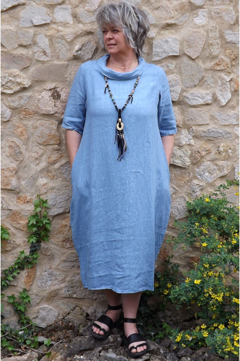 Robe longue en lin Apolline bleue