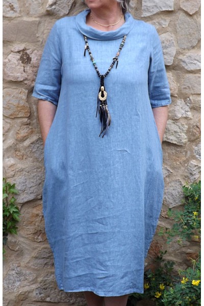 Robe longue en lin Apolline bleue