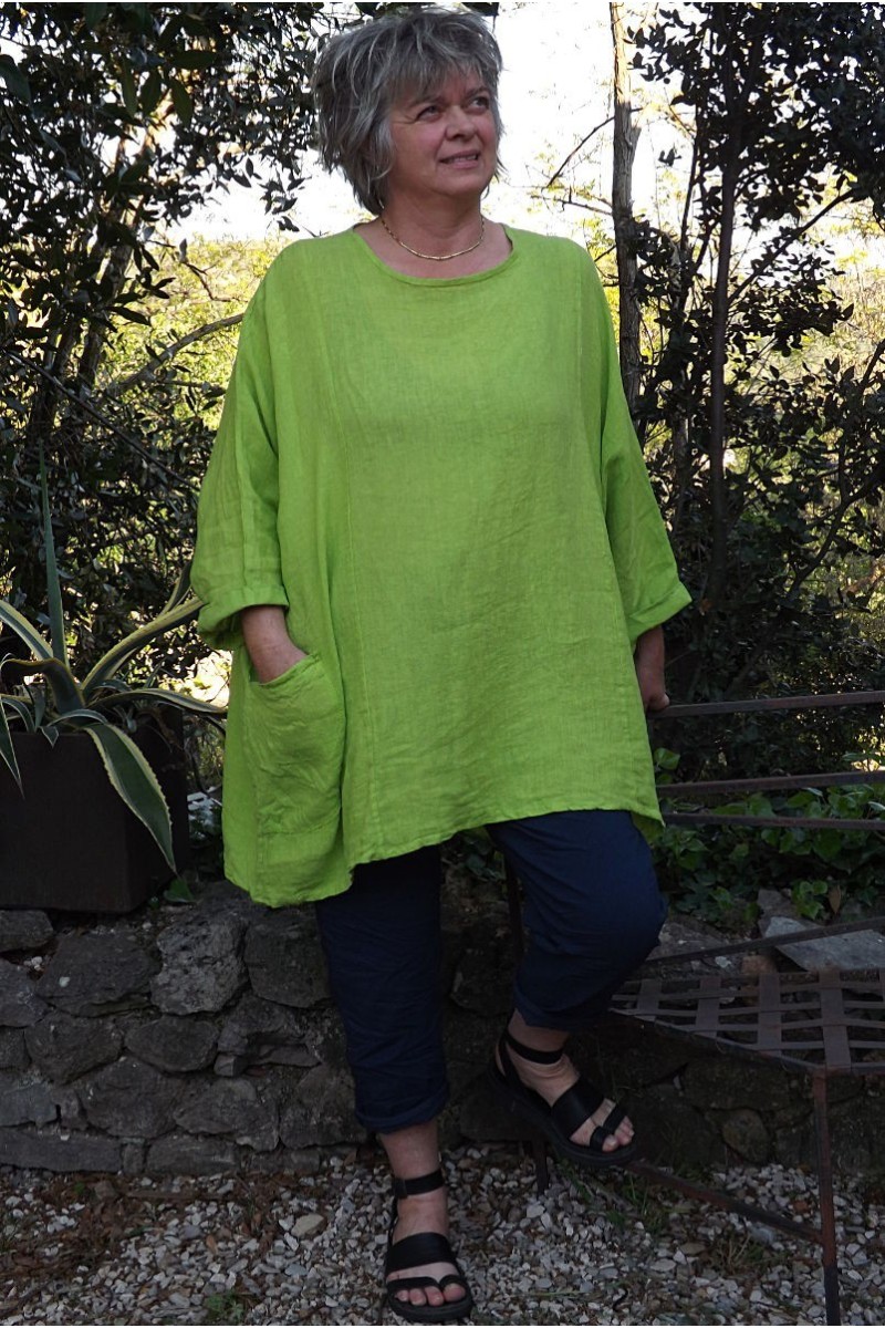 Tunique lin grande taille Paulette et pantalon Tim marine vert anisé