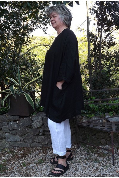 Tunique lin grande taille Paulette noire et pantalon lin Gabriel.