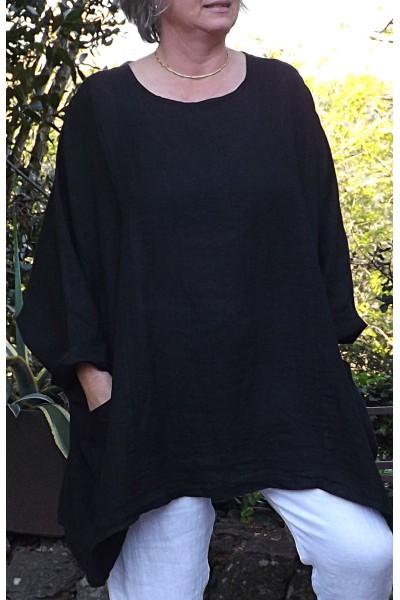 Tunique lin grande taille Paulette noire et pantalon lin Gabriel.