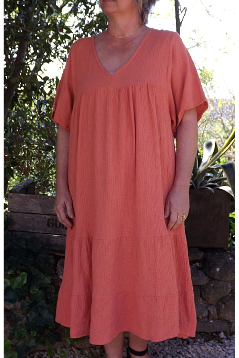 Robe coton gaufre grande taille Anastasia goyave