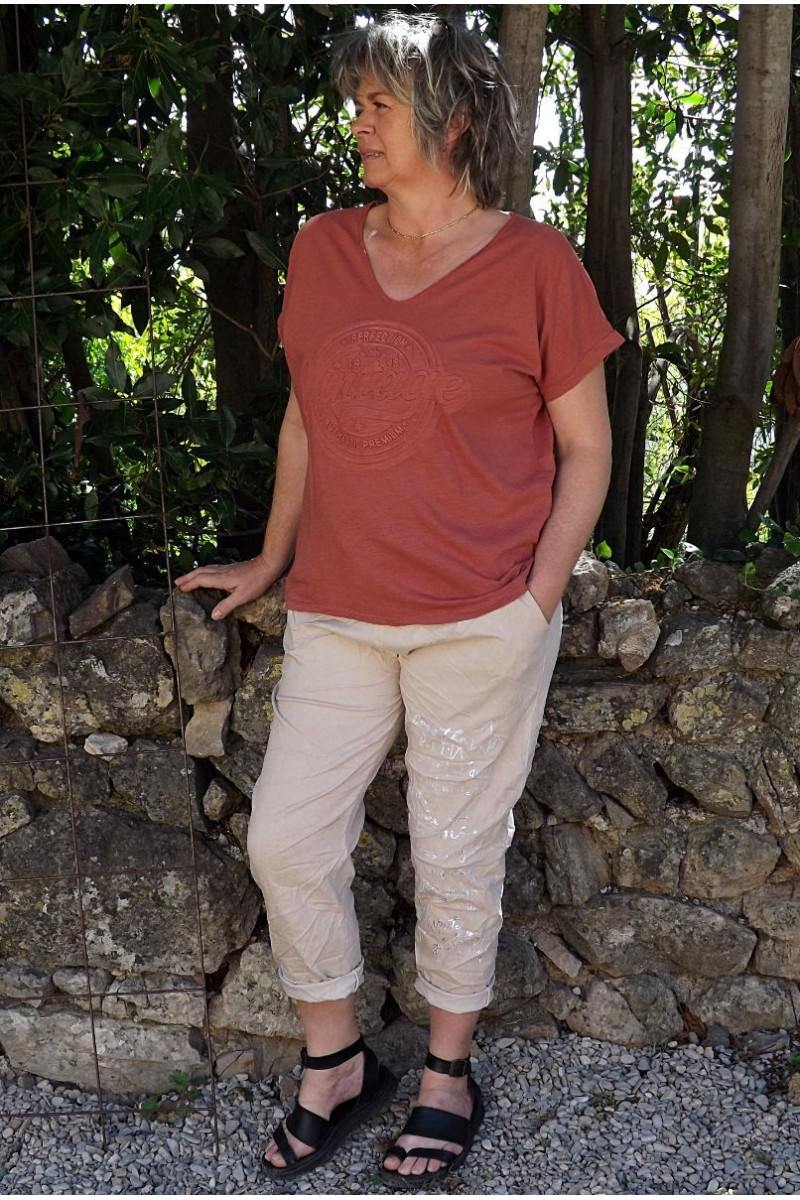 T-Shirt col V Enzo terracotta et pantalon Tim. T-Shirt col V Enzo terracotta et pantalon Tim.