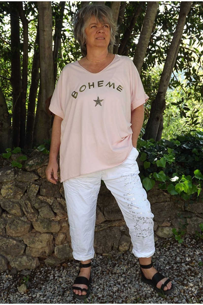 T Shirt femme grande taille rose poudr avec imprim boh me