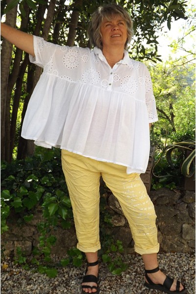 Tunique broderie anglaise Jasmine blanche et pantalon Tim imprimé