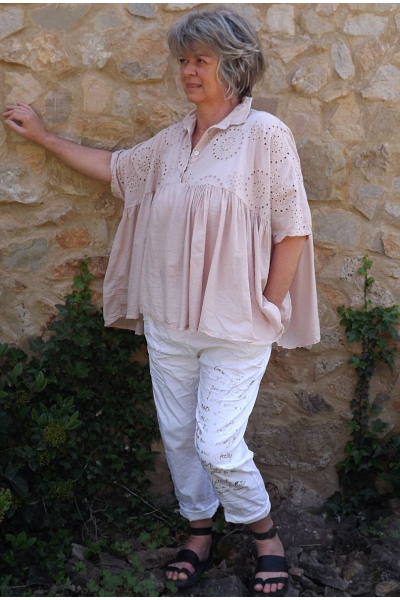 Tunique broderie anglaise Jasmine rose poudré et pantalon Tim imprimé