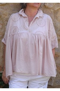 Tunique broderie anglaise Jasmine rose poudré et pantalon Tim imprimé