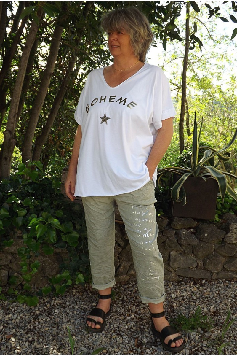 T-Shirt grande taille imprimé bohème blanc et pantalon Tim