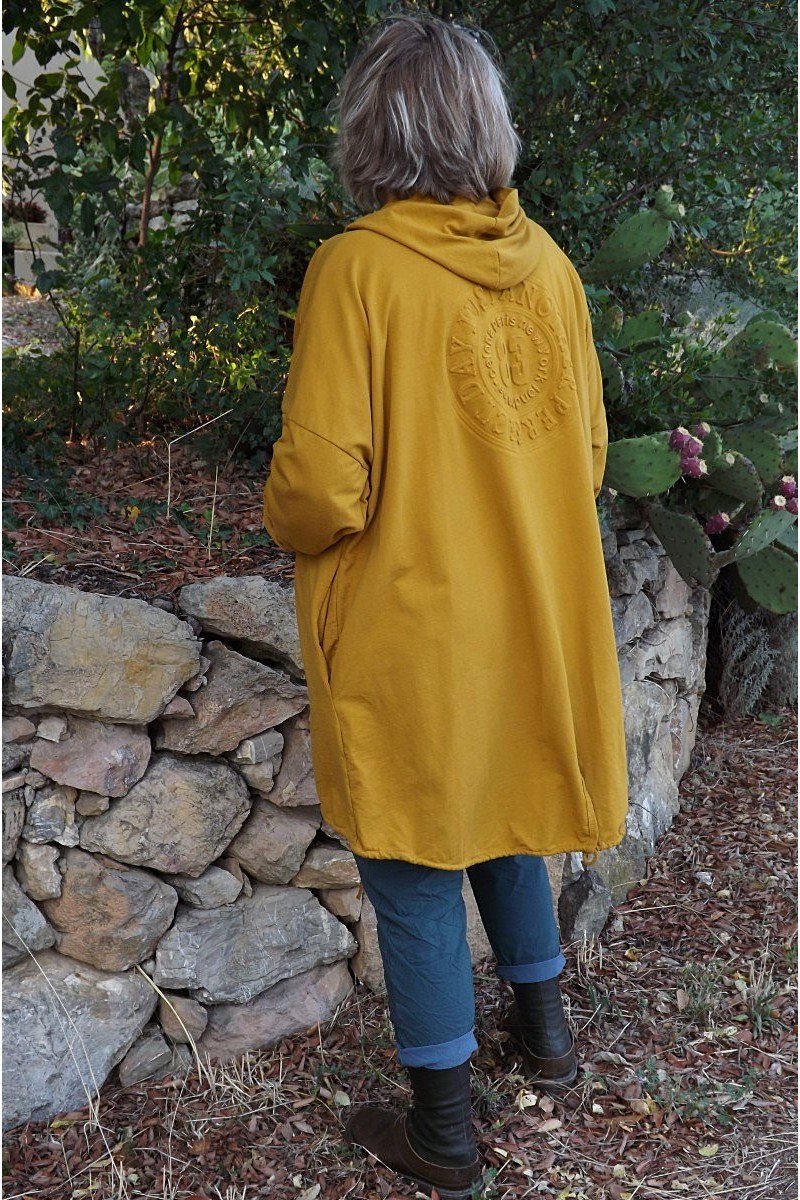 Veste longue femme sweat à capuche curcuma