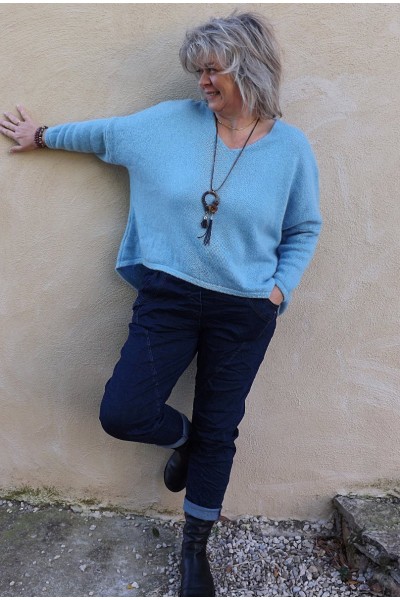 Pull Gustave oversize ciel et pantalon Jeff foncé