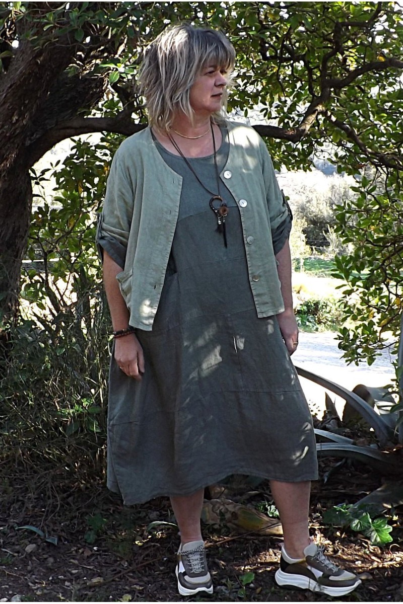 Robe Grande Taille Lagenlook Rayée été - 80% Coton 20% Lin, Taille 16-20, Longueur Mollet, Neuve