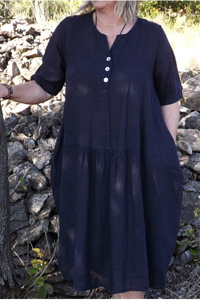 Robe longue lin Eléonore marine