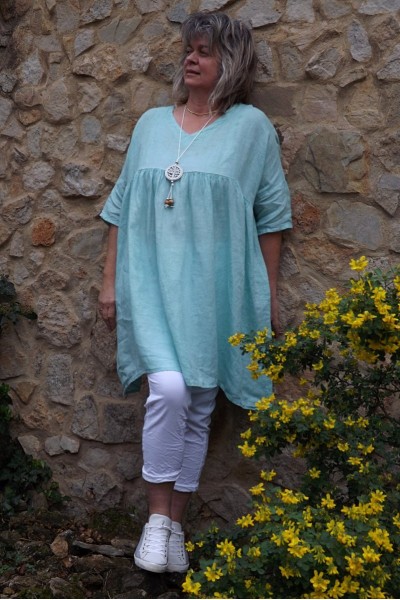 Tunique lin grande taille Marinette vert d'eau et pantalon Théo