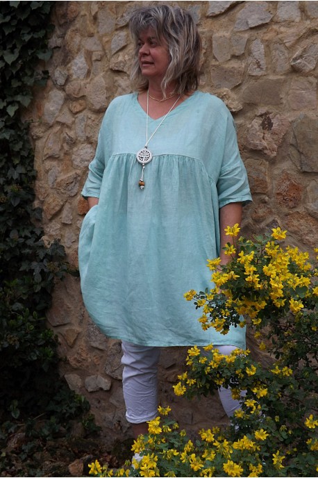 Tunique lin grande taille Marinette vert d'eau et pantalon Théo
