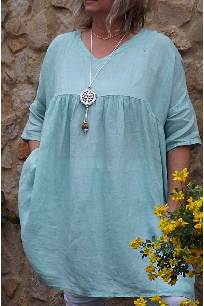 Tunique lin grande taille Marinette vert d'eau et pantalon Théo