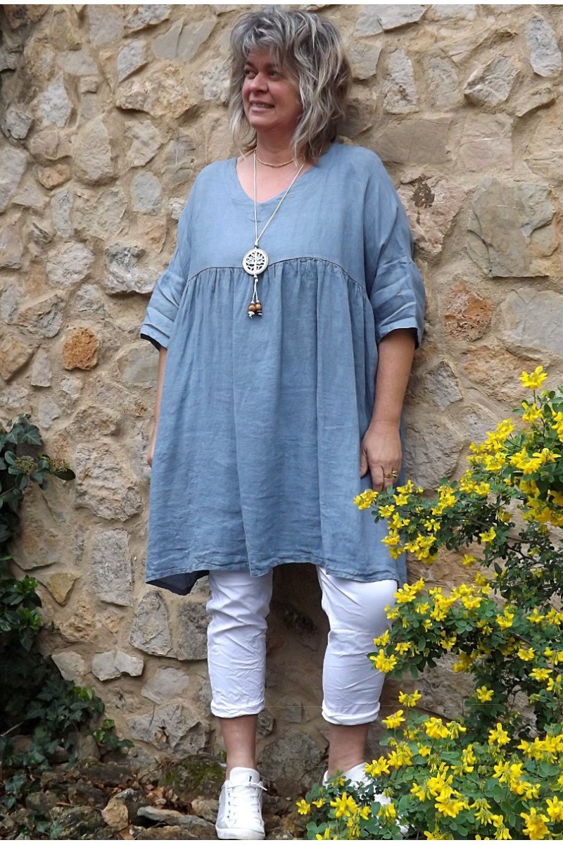 Tunique lin grande taille Marinette bleue et pantalon Théo