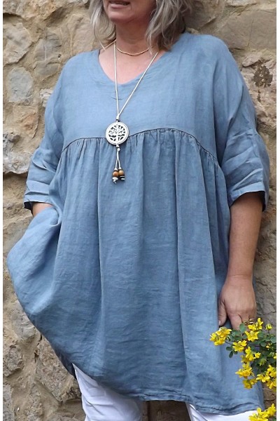 Tunique lin grande taille Marinette bleue et pantalon Théo