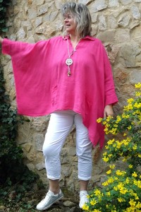 Tunique lin grande taille Clara fuchsia et pantalon Théo.