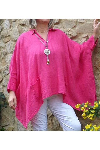 Tunique lin grande taille Clara fuchsia et pantalon Théo.