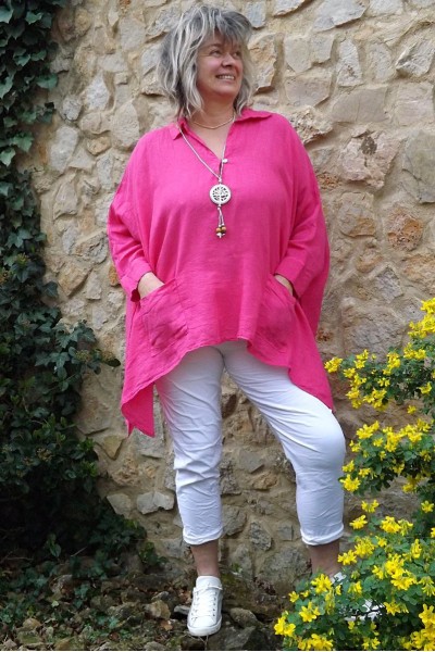 Tunique lin grande taille Clara fuchsia et pantalon Théo.