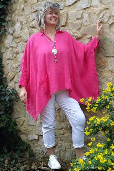 Tunique lin grande taille Clara fuchsia et pantalon Théo.