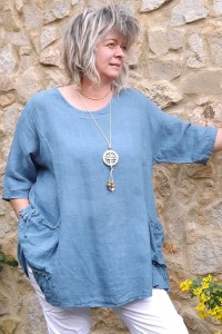 Tunique lin grande taille Benjamine bleue et pantalon Théo.