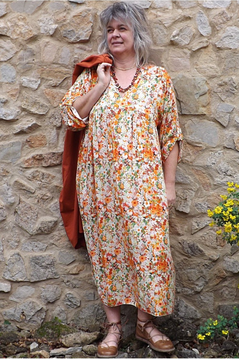 Robe longue Anastasia fleurs oranges