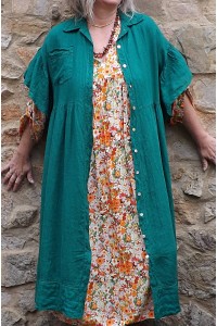 Veste ou robe lin Suzette vert véronèse et robe Anastasia fleurs oranges