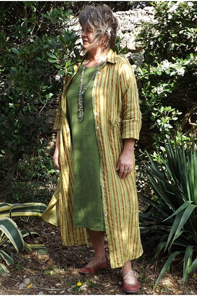 Veste ou robe lin Anna à rayures anis et camel et robe Amélie