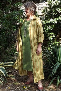 Veste ou robe lin Anna à rayures anis et camel et robe Amélie