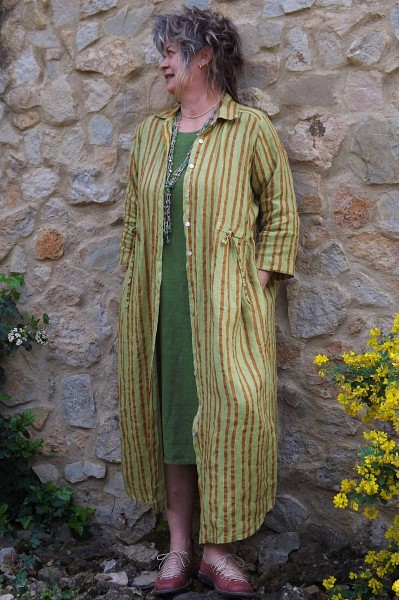 Veste ou robe lin Anna à rayures anis et camel et robe Amélie