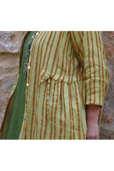 Veste ou robe lin Anna à rayures anis et camel et robe Amélie