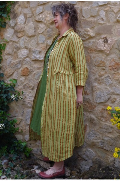Veste ou robe lin Anna à rayures anis et camel et robe Amélie