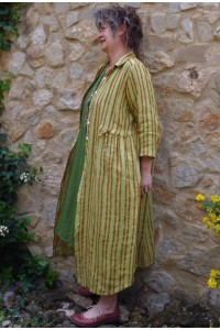 Veste ou robe lin Anna à rayures anis et camel et robe Amélie