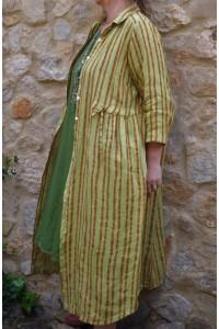 Veste ou robe lin Anna à rayures anis et camel et robe Amélie