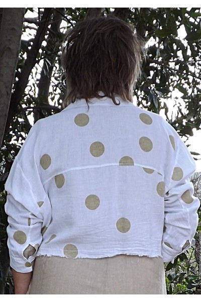 Veste courte en lin Lola blanche pois osier et robe Amélie couleur lin