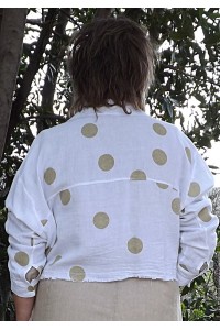 Veste courte en lin Lola blanche pois osier et robe Amélie couleur lin