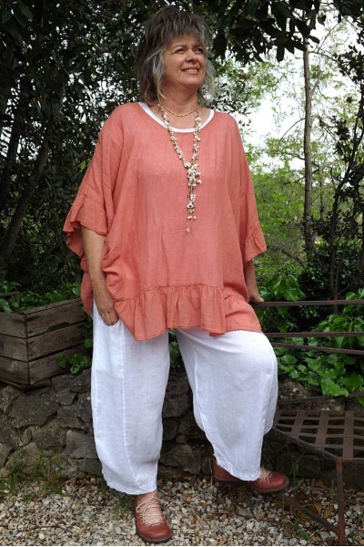 Tunique maille de lin grande taille Lucine corail et pantalon en lin Marco