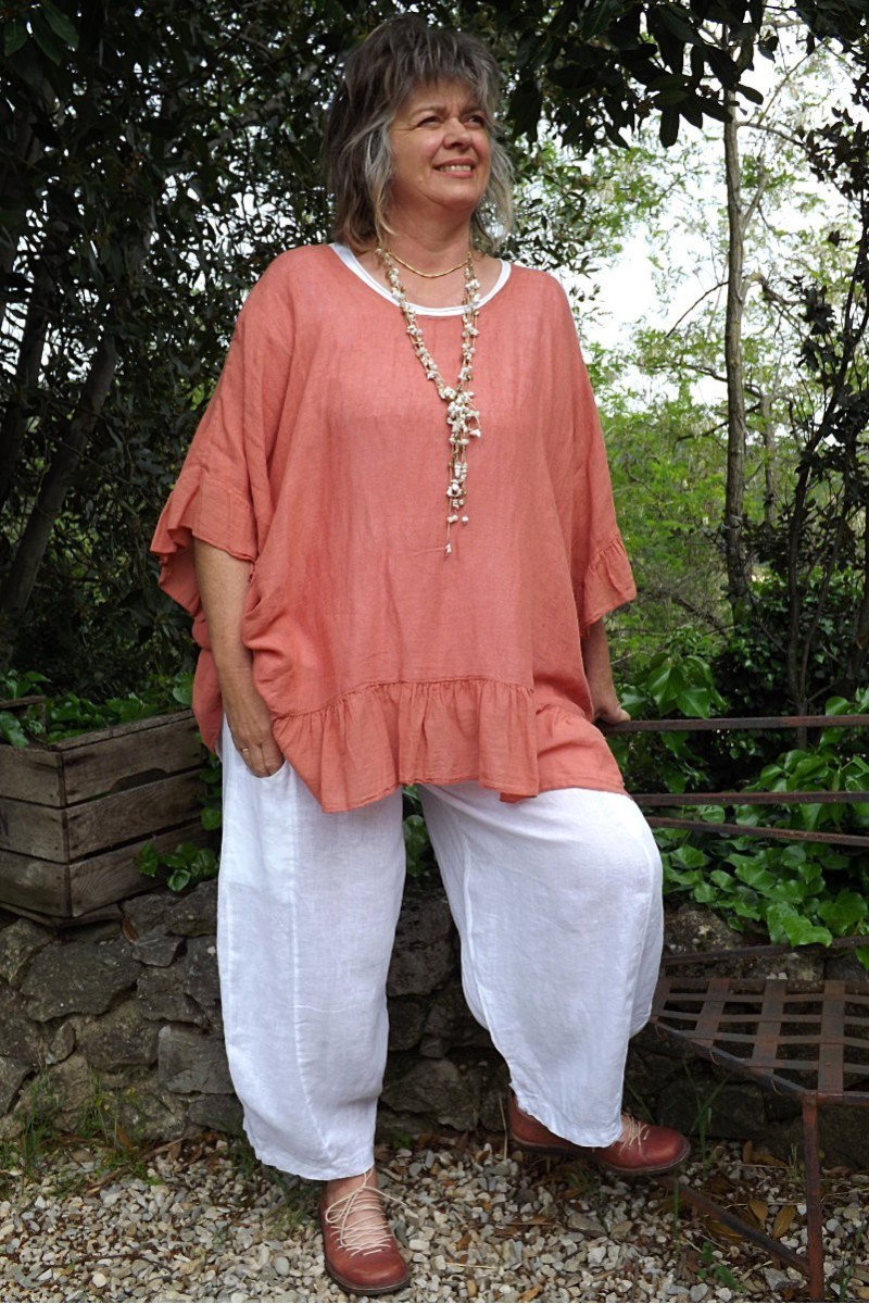 Tunique maille de lin grande taille Lucine corail et pantalon en lin Marco Tunique maille de lin grande taille Lucine corail et pantalon en lin Marco