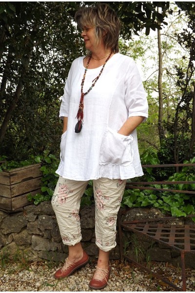 Tunique lin grande taille Benjamine blanche et pantalon Jo beige