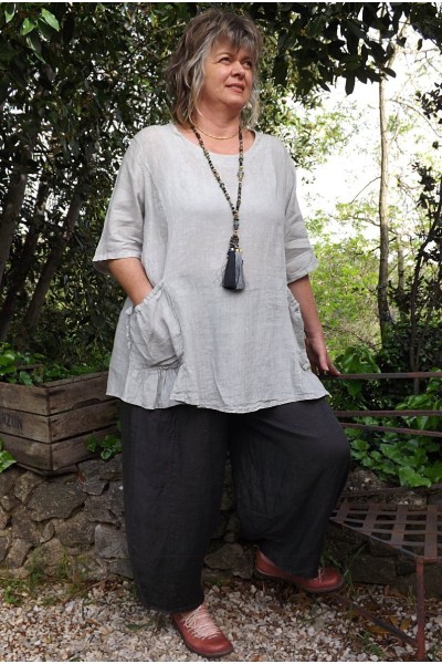 Tunique lin grande taille Benjamine gris perle et pantalon lin Marco anthracite
