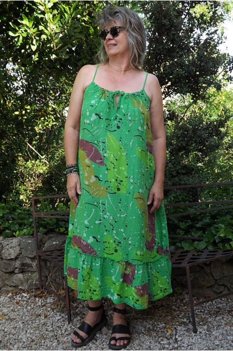 Robe longue lin fines bretelles Jane vert pop