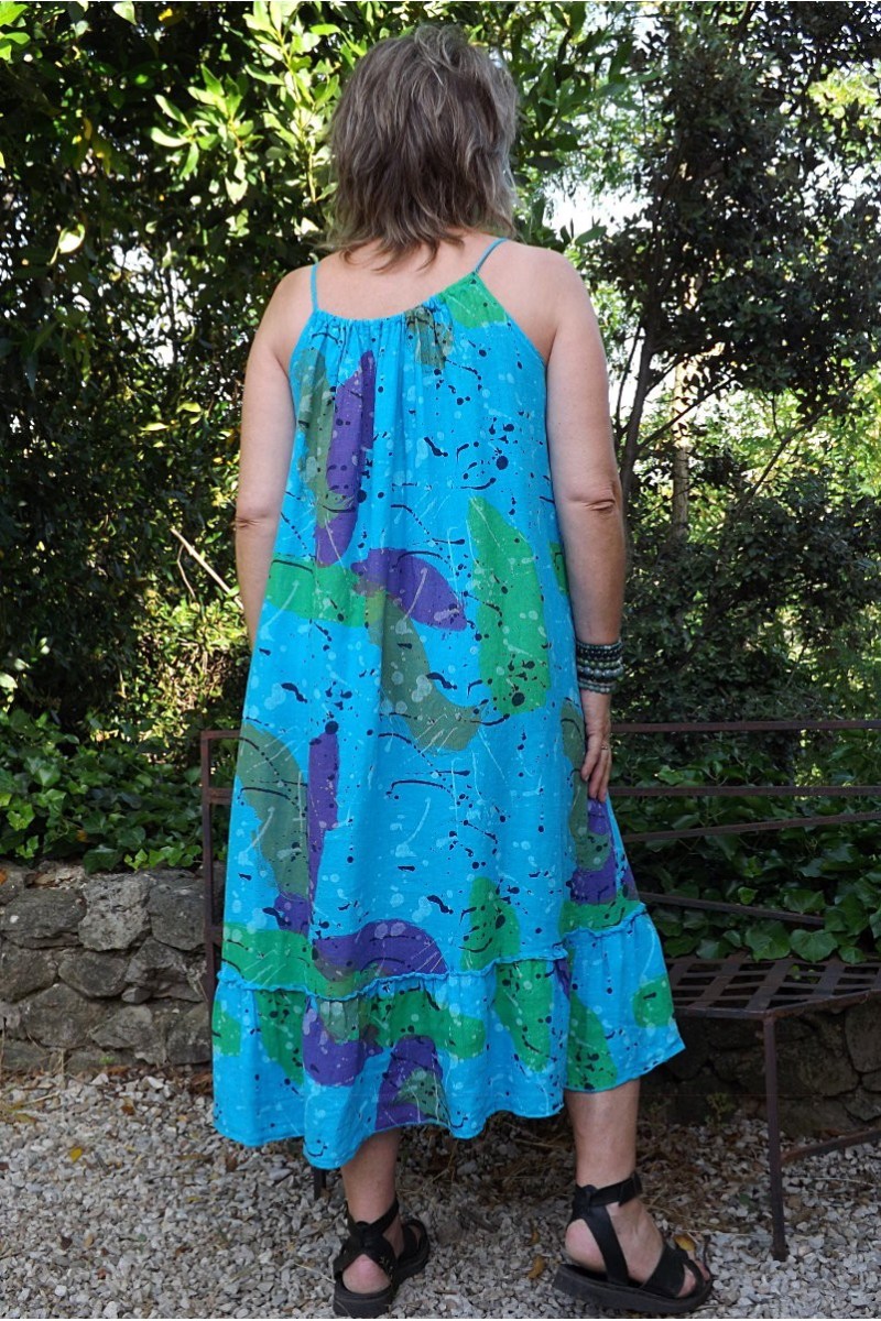 Robe longue lin fines bretelles Jane bleu céleste