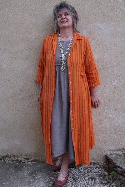 Veste ou robe lin Anna à rayures orange et camel