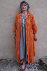 Veste ou robe lin Anna à rayures orange et camel